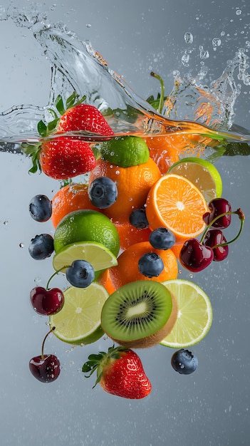 Verschiedene Früchte spritzen im Hintergrund