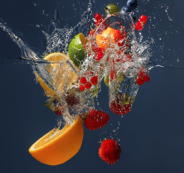Verschiedene Früchte und Beeren, die auf dunklem Hintergrund in Wasser fallen