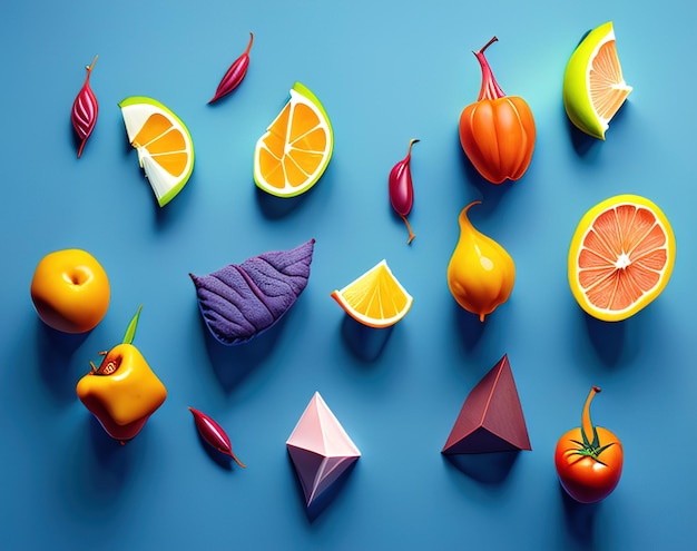 verschiedene Früchte und Gemüse auf farbigem Hintergrund