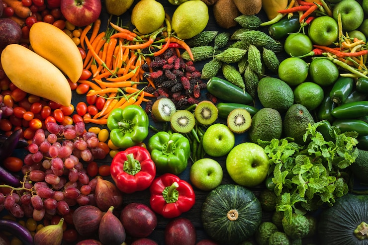 Foto verschiedene früchte und gemüse für eine gesunde ernährung