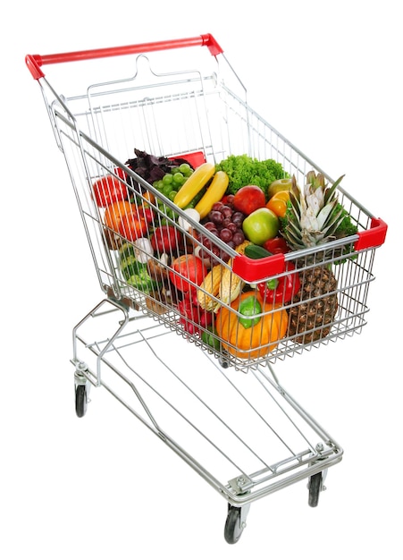 Verschiedene Früchte und Gemüse im Trolley, isoliert auf weiss