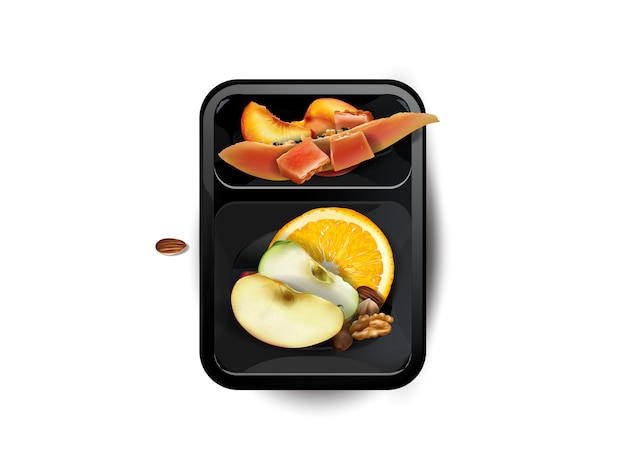 Verschiedene Früchte und Nüsse in einer Lunchbox auf weißem Hintergrund