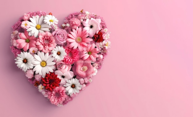 Verschiedene Frühlingsblumen-Liebesform-Banner einzeln auf rosa Hintergrund, Draufsichtfotografie