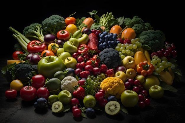 Verschiedene Gemüse- und Obstsorten liegen kreisförmig auf dunklem Hintergrund