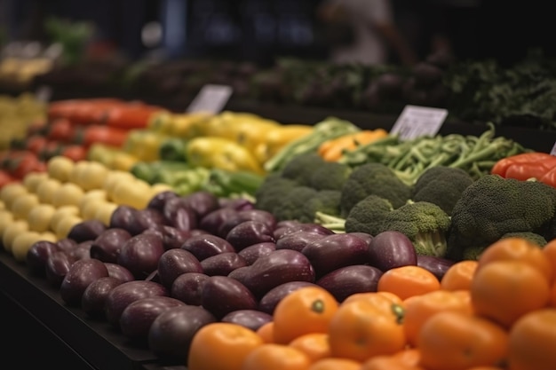 Verschiedene Gemüsesorten an einem Marktstand in einem Lebensmittelgeschäft Selektiver Fokus Generative KI