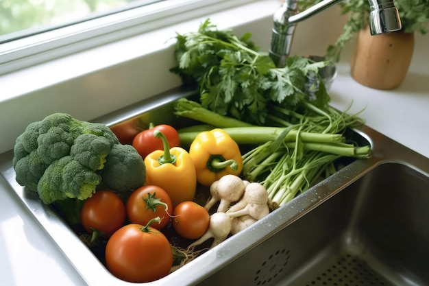 Verschiedene Gemüsesorten zum Waschen in der Spüle, KI-generiert