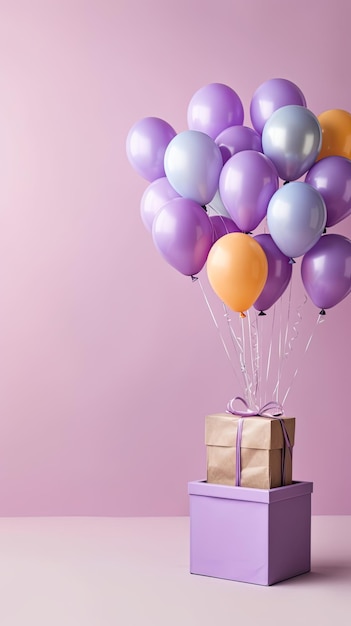 Verschiedene Geschenkboxen mit Schleifen und aufblasbaren Luftballons zum Geburtstag mit buntem Hintergrund und Kopierraum