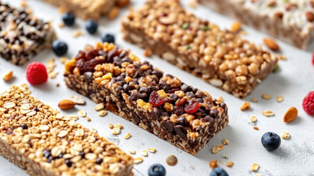 Verschiedene gesunde Granola-Riegel mit Bananen und Nüssen