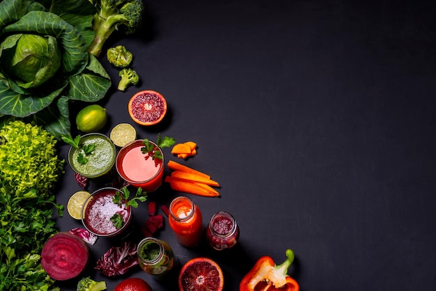Verschiedene gesunde vegane Getränke mit Obst und Gemüse auf schwarzem Holzhintergrund. Flach liegen.