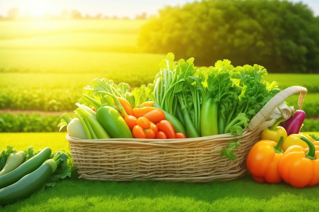 Verschiedene große und kleine Tomaten aus verschiedenen Gemüsearten in einem großen Korb vor dem Hintergrund der grünen Natur