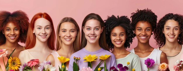 Verschiedene Gruppe freudiger Frauen, die mit Frühlingsblumen geschmückt sind