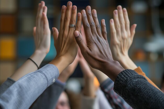 Foto verschiedene gruppen heben gemeinsam die hände