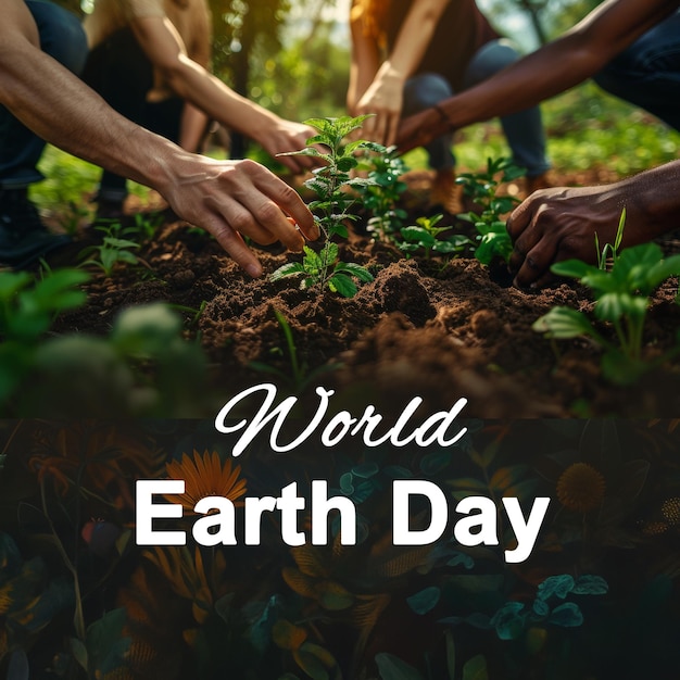 Verschiedene Gruppen pflanzen junge Baumpflanzen in den Boden, um den Welttag der Erde zu feiern