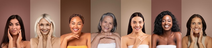 Foto verschiedene gruppen von frauen lächeln und posieren für ein porträt