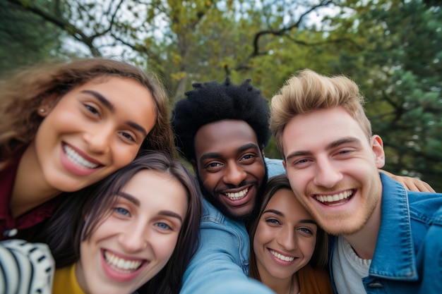 Verschiedene Gruppen von Freunden machen gemeinsam ein unvergessliches Selfie im Freien