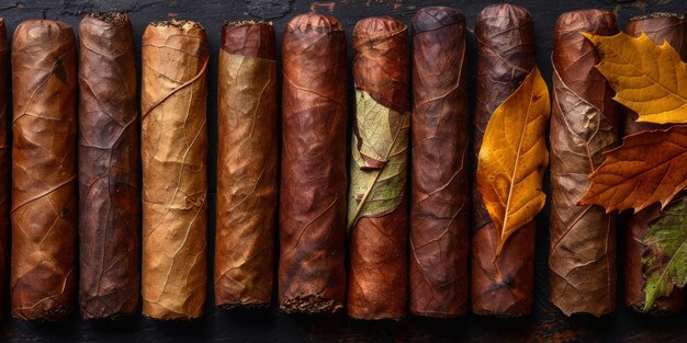 Verschiedene handgerollte Zigarren und Herbstblätter auf dunklem Holzhintergrund