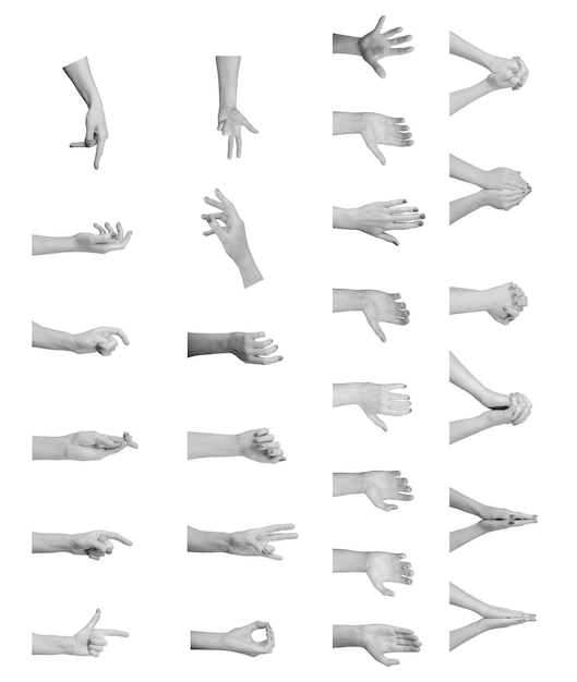 Verschiedene Handgesten setzen Fingerzeichen auf einem weißen Hintergrund ab.