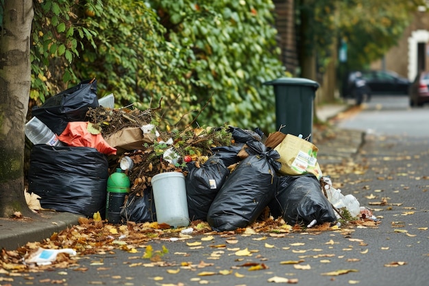 Foto verschiedene haushaltsmüllgegenstände, die für die sammlung von kommunalen müllmüll auf die straße gebracht werden