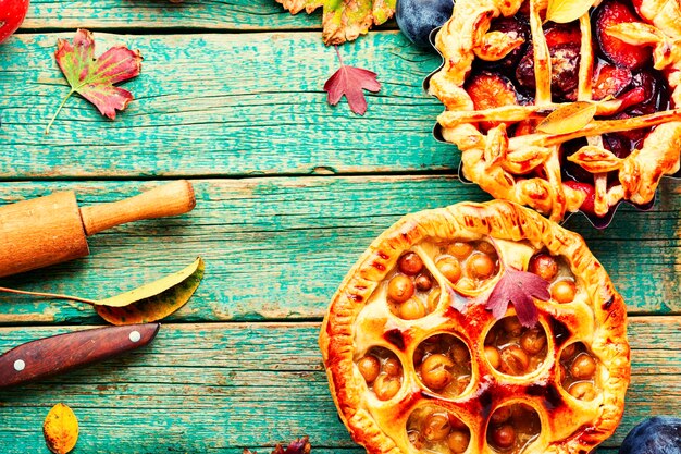 Verschiedene Herbstkuchen mit Birne, Apfel, Trauben und Pflaume.Herbst hausgemachte Süßwaren