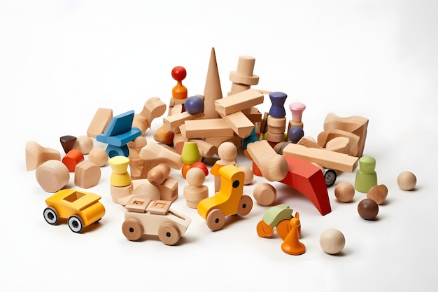 Foto verschiedene hölzerne spielzeuge auf dem tisch für kinderspiel- und lernaktivitäten generative ki