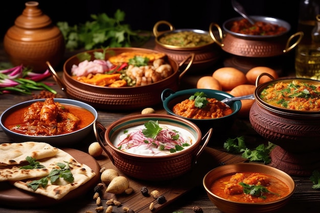 Verschiedene indische Köstlichkeiten auf dunklem Holzhintergrund. Gerichte aus der indischen Küche
