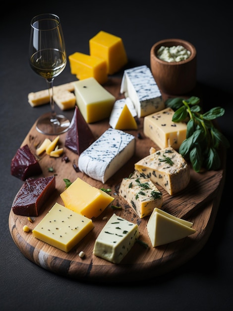 Verschiedene Käse-Appetiten auf einer Holzplatte und ein Glas Weißwein