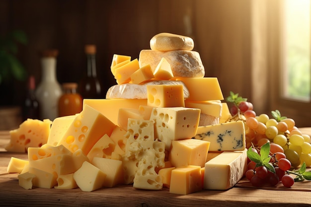 Foto verschiedene käsesorten auf einem holztisch generative ai-kunst nahaufnahme große käseselektion