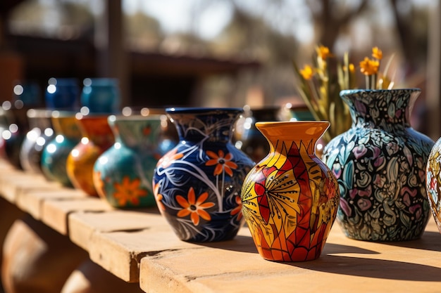 Verschiedene Keramikvasen in einer Reihe auf einem Holztisch aufgereiht