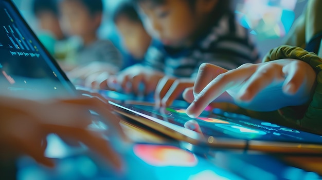 Foto verschiedene kinder programmieren auf tablets für die technologiebildung
