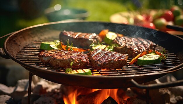 Verschiedene köstliche gegrillte Fleischsorten mit Gemüse auf dem Grill mit Rauch und Flammen in Grün