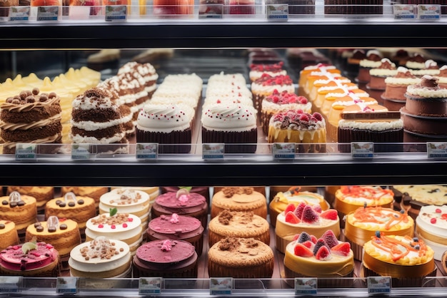 Verschiedene Kuchen in einem Schaufenster zum Verkauf