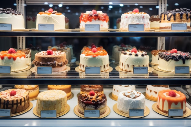 Verschiedene Kuchen in einem Schaufenster zum Verkauf