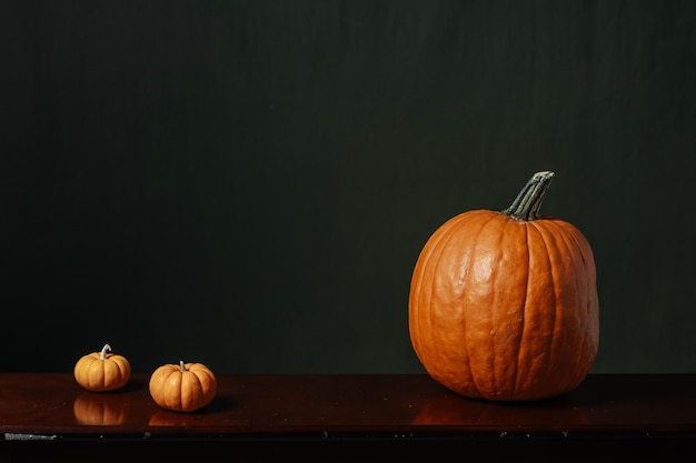 verschiedene kürbisse für halloween-dekor. Stillleben auf dunklem Hintergrund.