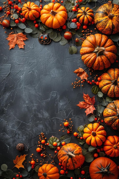 Verschiedene Kürbisse und Herbstblätter auf einem Tisch