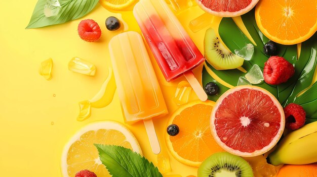 Verschiedene leckere Eiscreme mit Früchten und Blättern auf farbigem Hintergrund