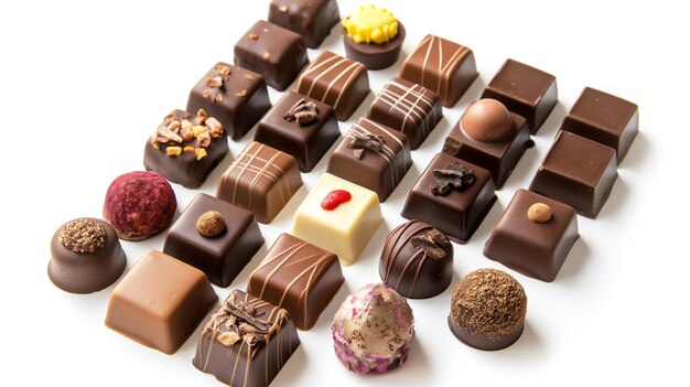 Verschiedene luxuriöse Schokoladen, die in Reihen auf einer weißen Oberfläche mit verschiedenen Toppings und Füllungen angeordnet sind
