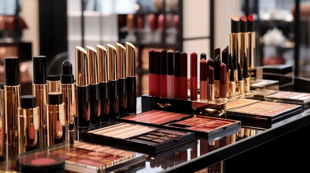 Verschiedene Make-up-Produkte und Pinsel auf einer Kosmetiktheke in einem modernen Kosmetikgeschäft