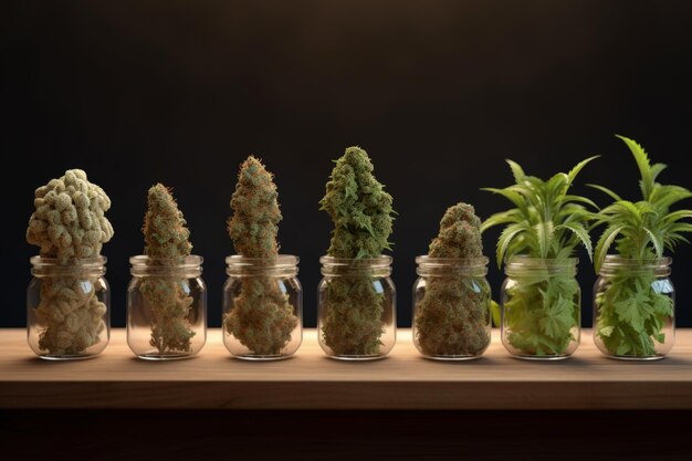 Verschiedene medizinische Cannabis-Sorten in Glasgläsern Indica Sativa Hybrid-Optionen