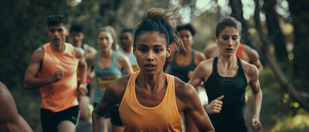 Foto verschiedene menschen, die im rahmen eines marathons auf einem parkweg laufen, gelegenheitswettbewerber, die um den ersten platz in einem freundschaftlichen rennen kämpfen