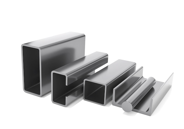Verschiedene Metall- und Stahlprodukte für das 3D-Rendering von industriellen Profilen aus Edelstahl