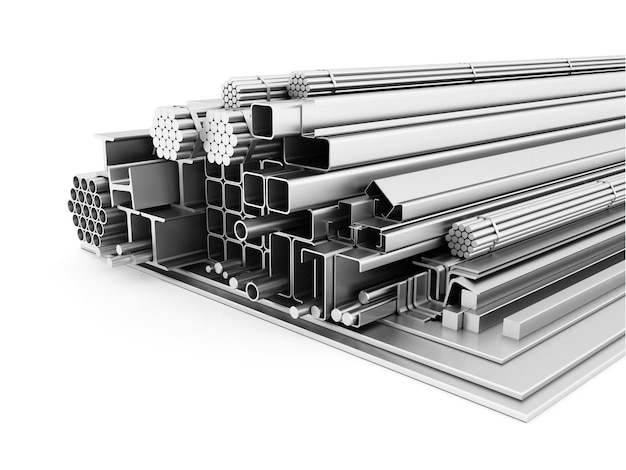 Verschiedene Metallstahlprodukte Stahl verzinkt Edelstahlprofile3D-Rendering