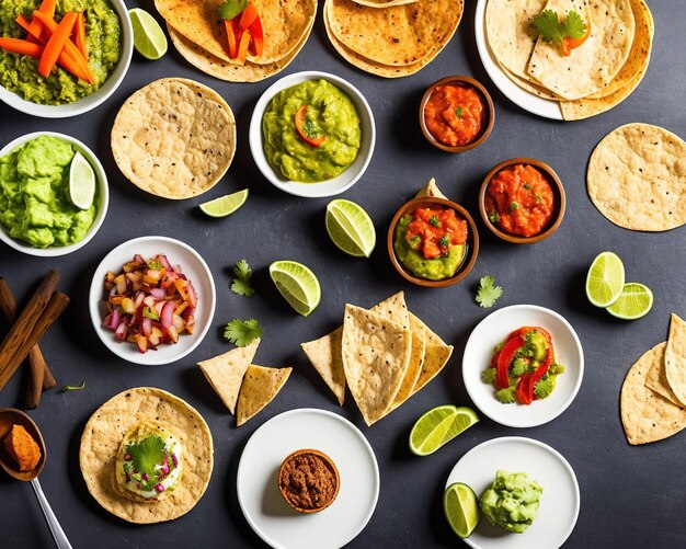 Verschiedene mexikanische Gerichte mit Kalk und Guacamole