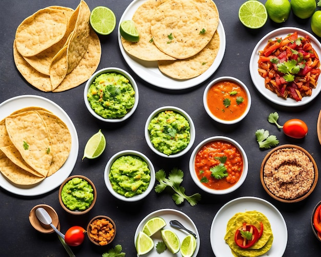 Verschiedene mexikanische Gerichte mit Kalk und Guacamole