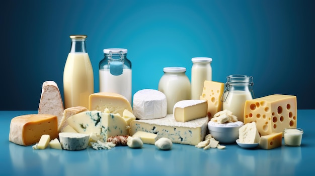 Verschiedene Milchprodukte auf blauem Hintergrund