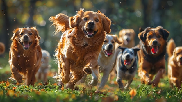 Verschiedene Mischlingshunde laufen glücklich in einem Park mit grünem Gras, das Foto ist realistisch