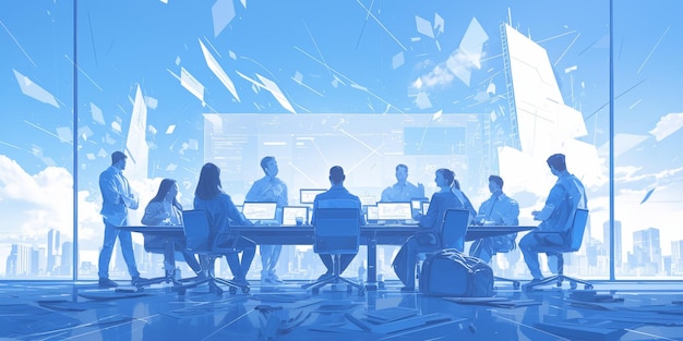 Verschiedene Mitarbeiter des Unternehmens veranstalten eine Online-Geschäftskonferenz in einem Vorstandssitzungsraum.