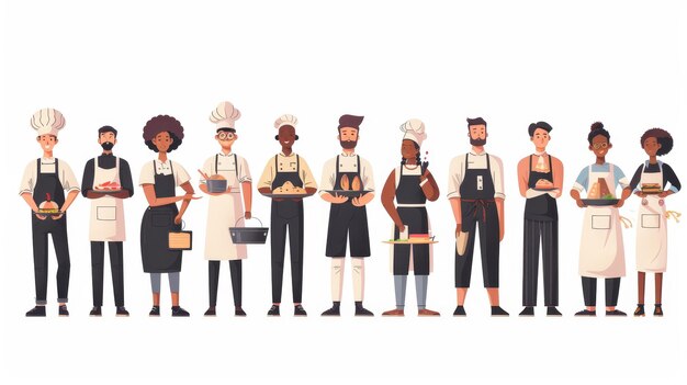 Verschiedene multirassische Charaktere in Uniformen tragen Tablettchen und Mahlzeiten auf weißem Hintergrund Cartoon lineare flache moderne Illustration für Restaurantpersonal Mitarbeiter und Teams