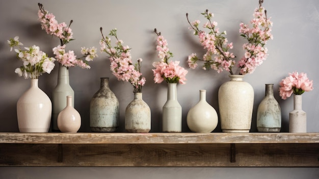 Verschiedene neutrale Vasen mit rosa Blumen auf einem verzweifelten Holzregal gegen eine graue Wand