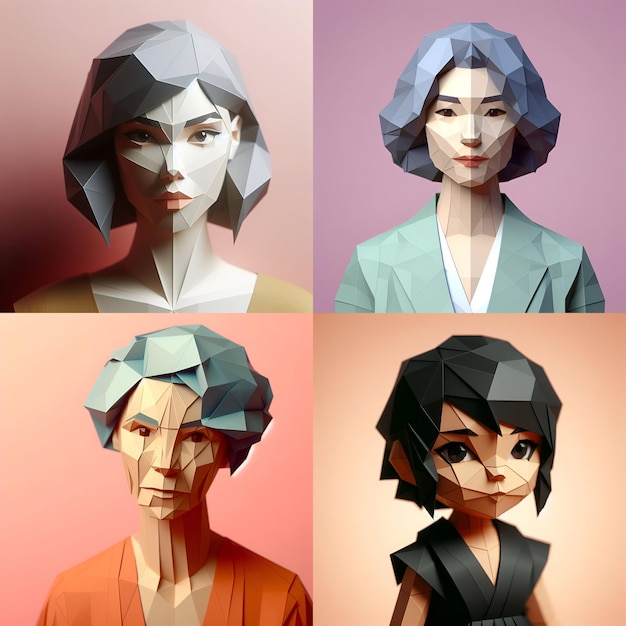 Foto verschiedene origami-porträts von frauen unterschiedlichen alters und farben