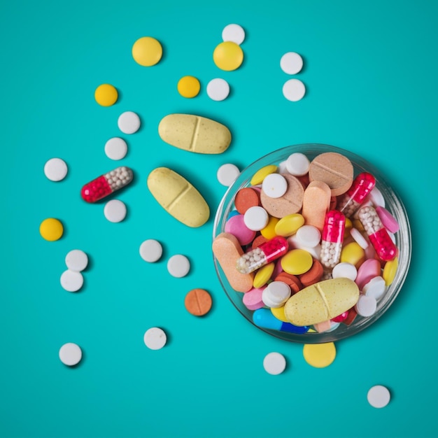 Verschiedene pharmazeutische Pillen, Tabletten und Kapseln auf Holzschale